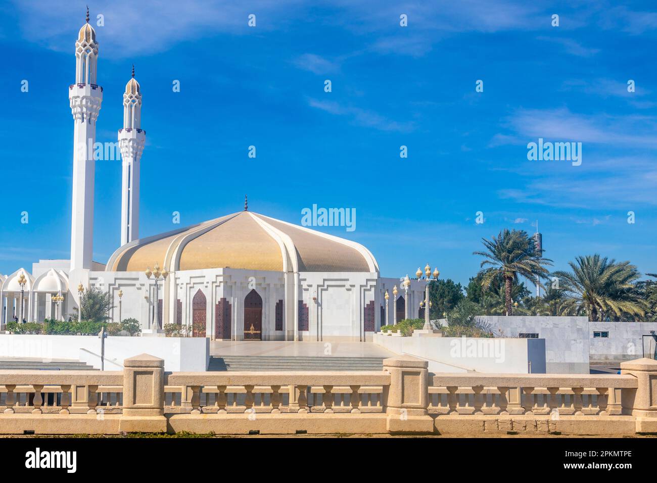 Hassan Enany, mosquée en dôme doré avec palmiers en premier plan, Djeddah, Arabie Saoudite Banque D'Images