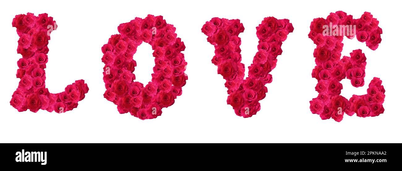 L'amour de l'alphabet fait de roses rouges isolées sur fond blanc, Banque D'Images