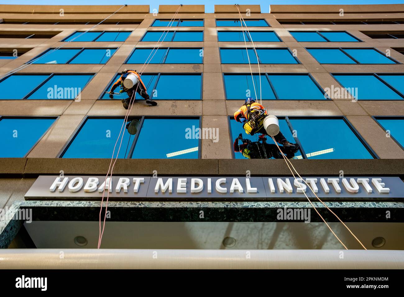 Des nettoyeurs de fenêtres qui abrgent la face d'un grand immeuble de bureaux à Hobart, en Tasmanie Banque D'Images