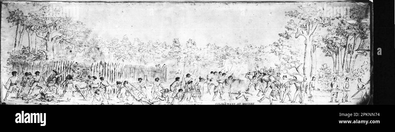 Le combat à Moturoa, 1869 ans, pendant les guerres terrestres de Taranaki de la Nouvelle-Zélande. Dessiné par un soldat qui était présent, la bataille à Okotuku était également connue sous le nom de Repulse à Moturoa. Banque D'Images