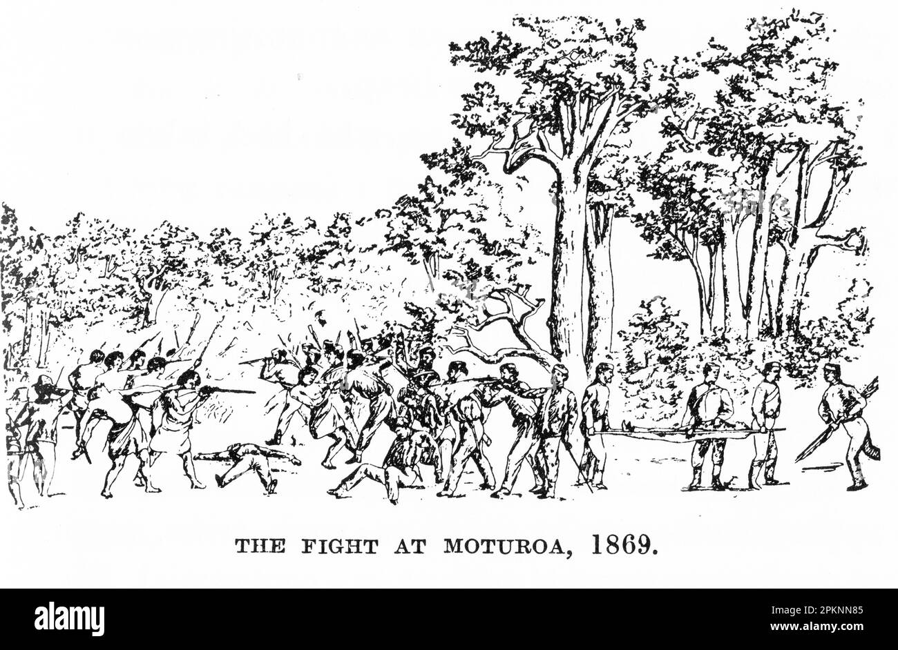 La lutte à Moturoa, 1869 ans, pendant les guerres terrestres de Taranaki de la Nouvelle-Zélande, lorsque les Maoris ont vaincu les forces gouvernementales. Une des deux esquisses. Banque D'Images