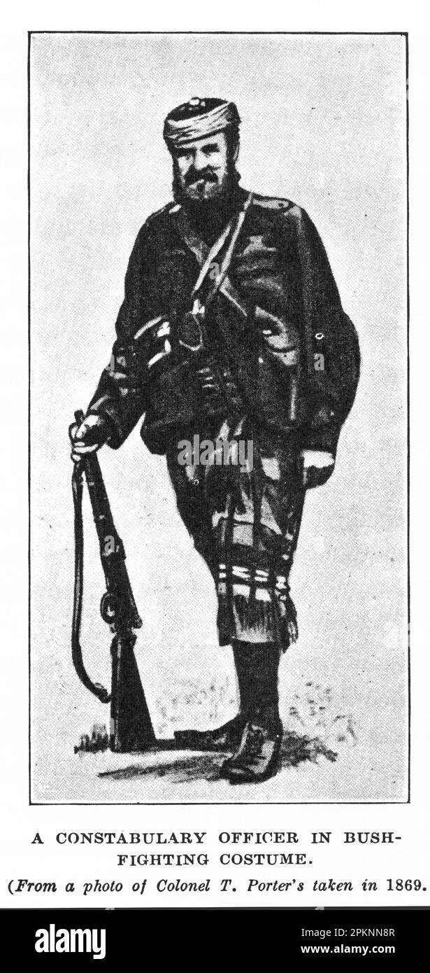 Un officier de police en costume de brousse pour les guerres des terres maories en Nouvelle-Zélande en 1860s. Banque D'Images