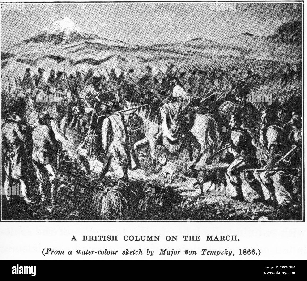 Une colonne britannique sur la marche pendant les guerres terrestres de Taranaki de 1860s en Nouvelle-Zélande. Croquis du major Gustavus von Tempsky Banque D'Images