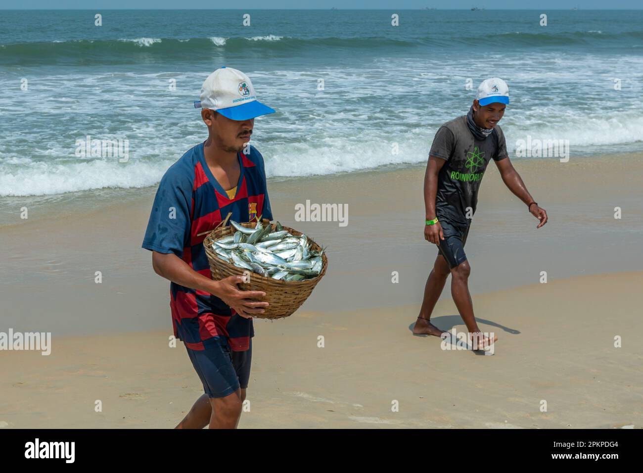 Benaulim Beach, Goa - Inde. Avril 06 2023. Les pêcheurs déchargent leurs prises de la paille sur la rive. Les pêcheurs trient ensuite méticuleusement les ségréga Banque D'Images