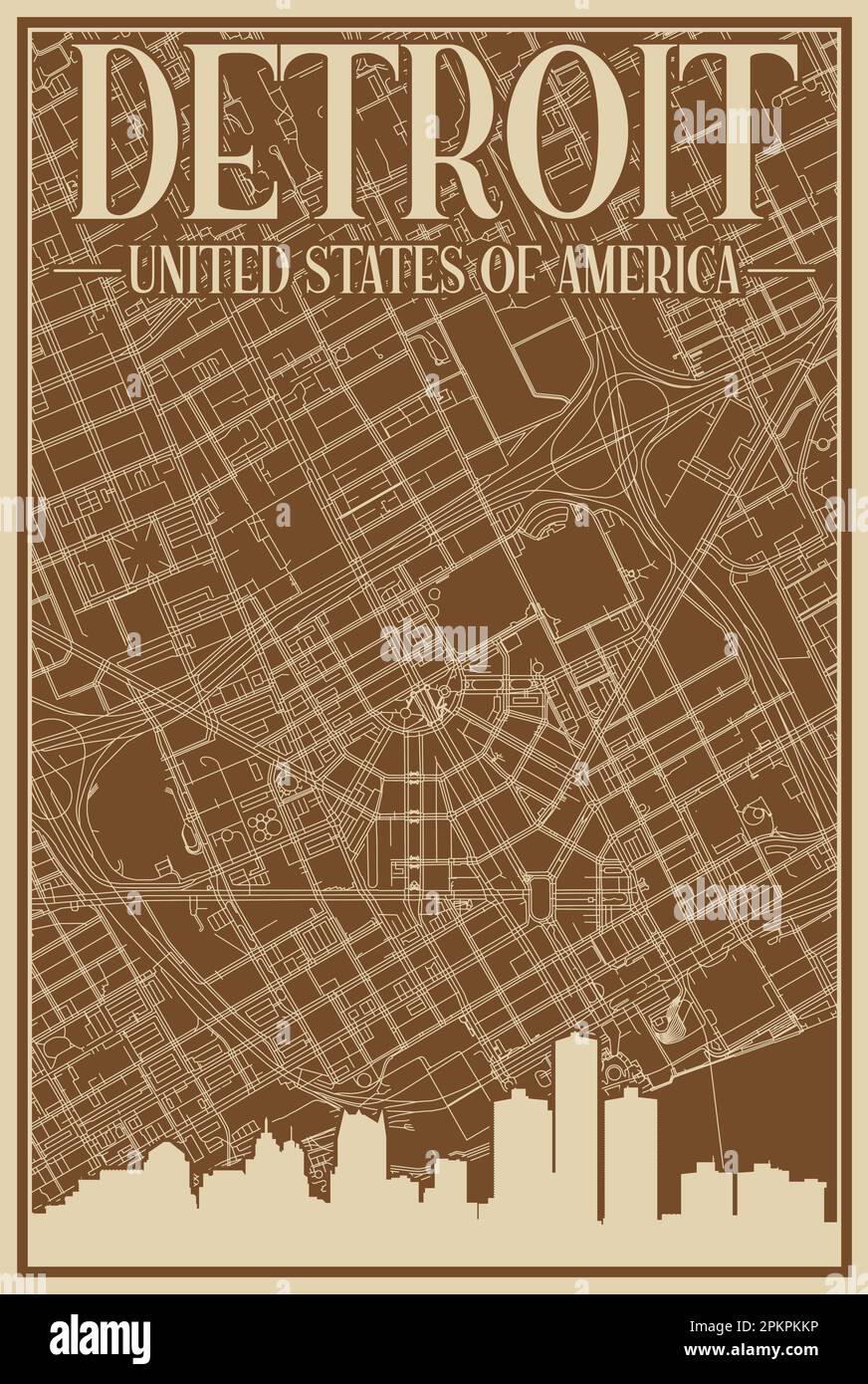 Affiche du réseau routier du centre-ville DE DETROIT, ÉTATS-UNIS D'AMÉRIQUE Illustration de Vecteur