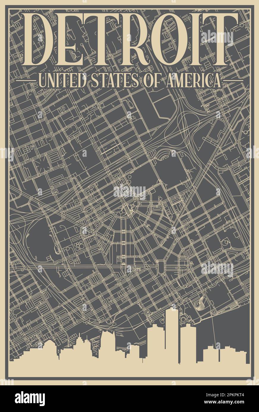 Affiche du réseau routier du centre-ville DE DETROIT, ÉTATS-UNIS D'AMÉRIQUE Illustration de Vecteur