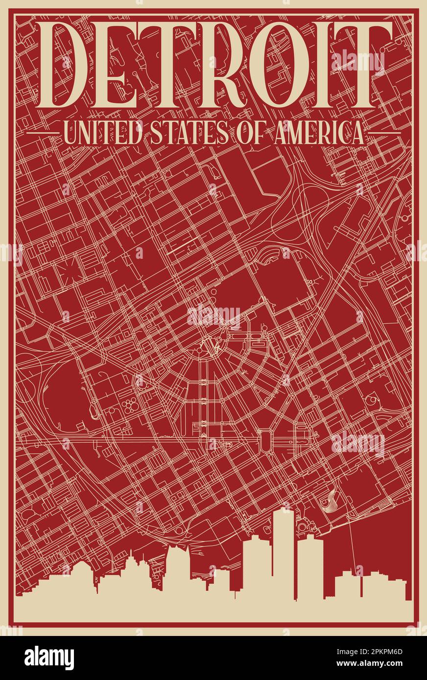 Affiche du réseau routier du centre-ville DE DETROIT, ÉTATS-UNIS D'AMÉRIQUE Illustration de Vecteur