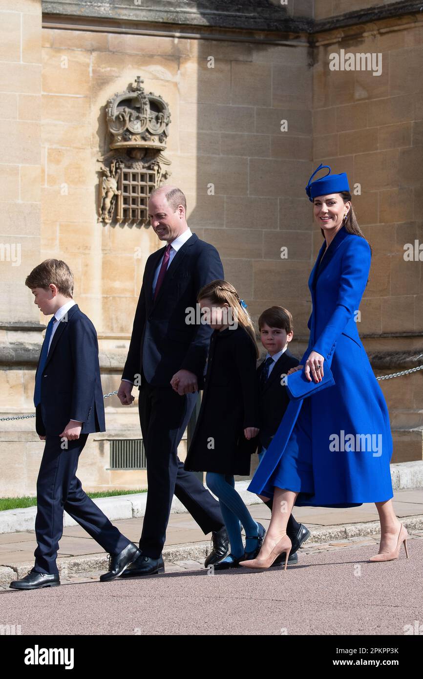 Windsor, Berkshire, Royaume-Uni. 9th avril 2023. Le prince de Galles et Catherine, la princesse de Galles, le prince George, la princesse Charlotte et le prince Louis arrivent avec des membres de la famille royale pour assister au service du matin de Pâques à la chapelle Saint-Georges, au château de Windsor, ce matin. Crédit : Maureen McLean/Alay Live News Banque D'Images