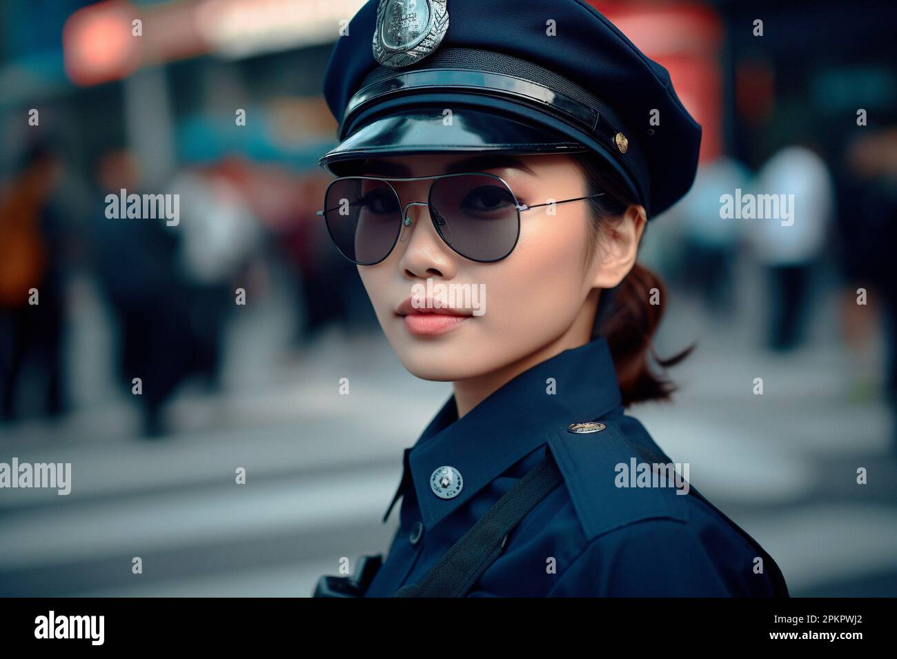 Policewoman asiatique en uniforme Banque D'Images