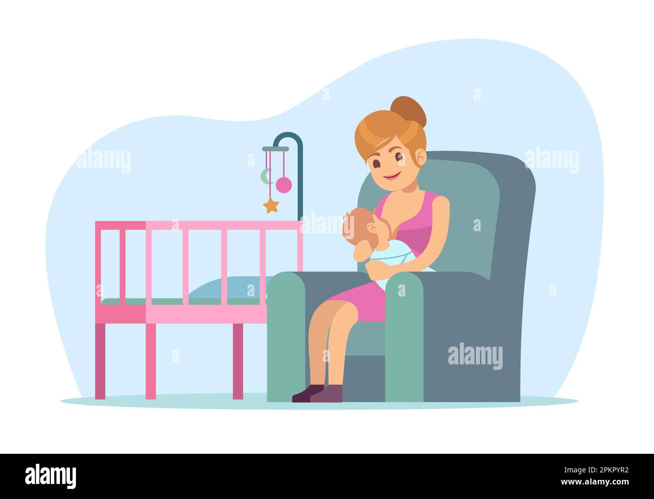 Maternité, allaitement maternel, mère assise et allaitement d'un bébé. Maman aimante avec bébé nouveau-né dans ses bras assis. La parentalité et l'enfance Illustration de Vecteur