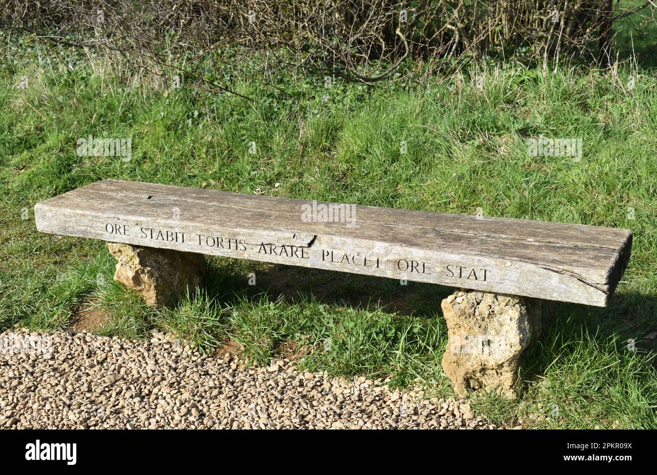 Un banc en bois avec l'inscription: 'Ore stabit fortis arare platet ore stat'. Banque D'Images