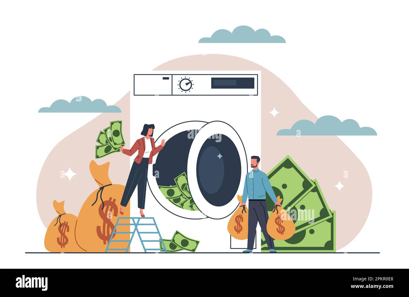 Blanchiment d'argent. Les fraudeurs gens activités illégales, les personnes minuscules et énorme machine à laver avec des billets à l'intérieur, cachant le vrai revenu, la monnaie sale Illustration de Vecteur