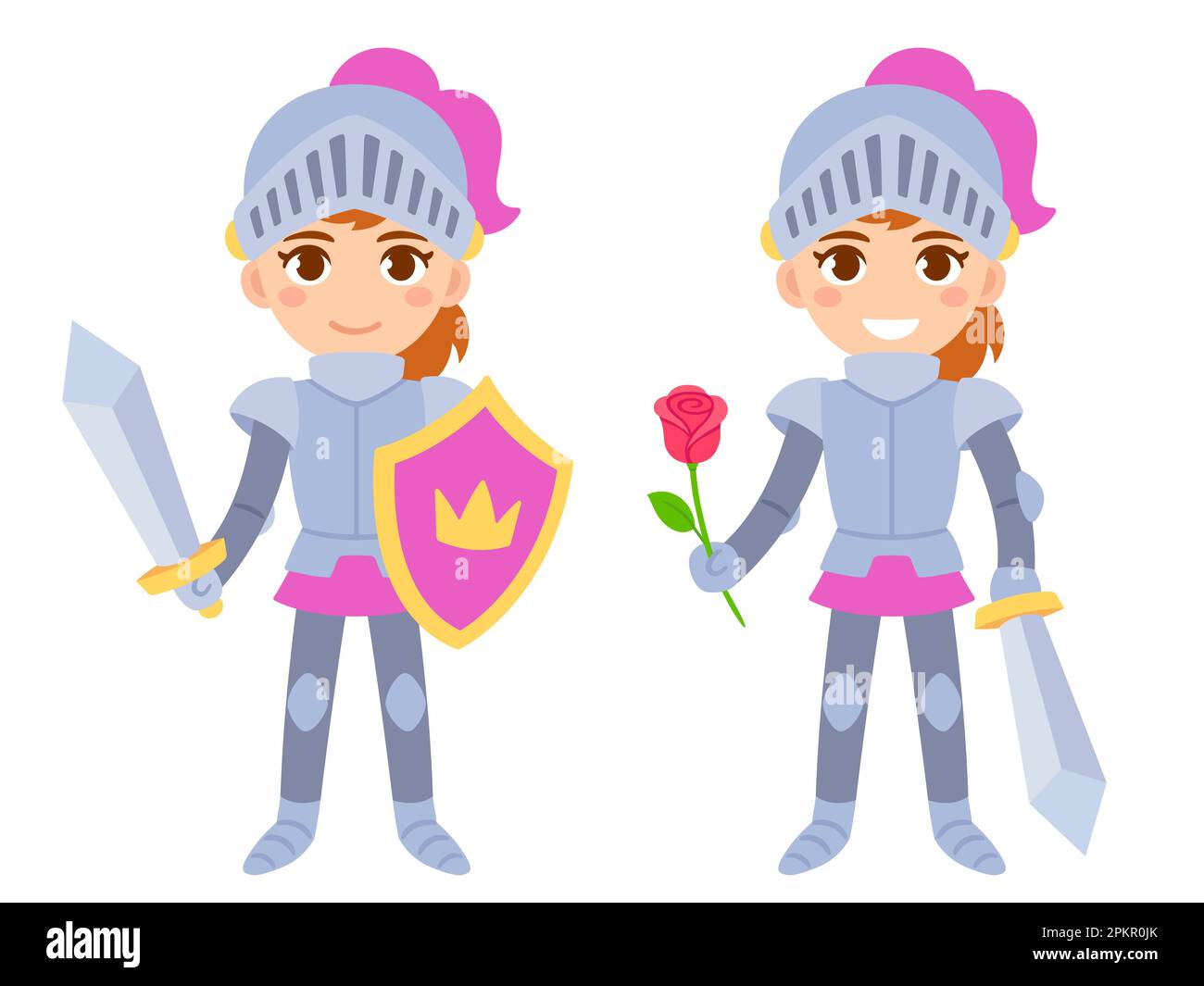 Jolie petite fille de dessin animé en costume de chevalier. Héroïne femelle dans une armure de corps avec épée et bouclier et tenant une rose. Illustration de clip art vectoriel isolée Illustration de Vecteur