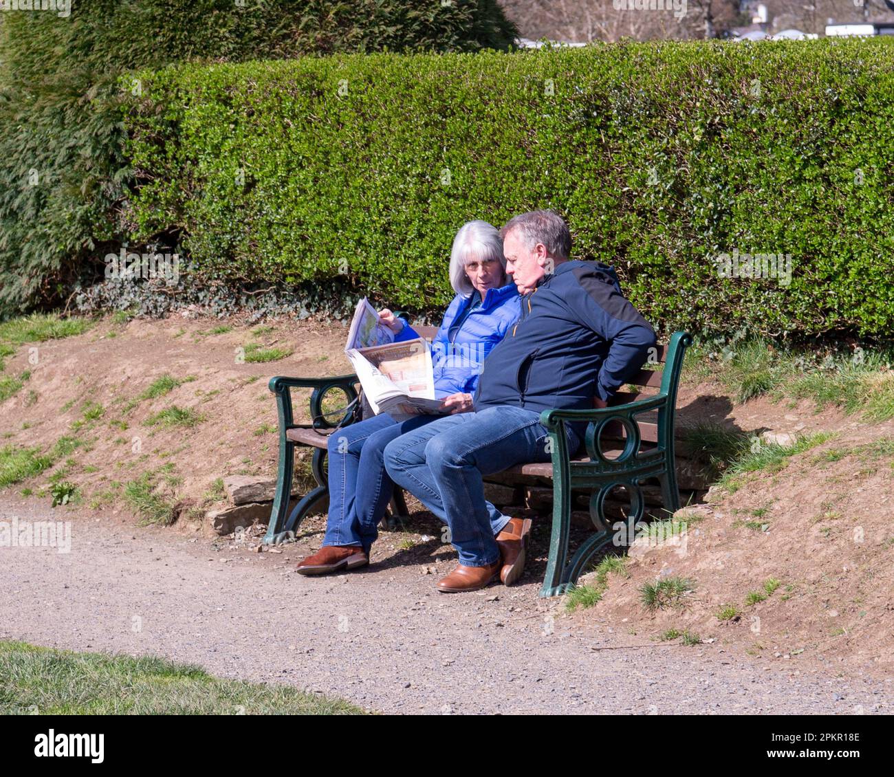 Couple retraité lisant le journal dans le parc Banque D'Images