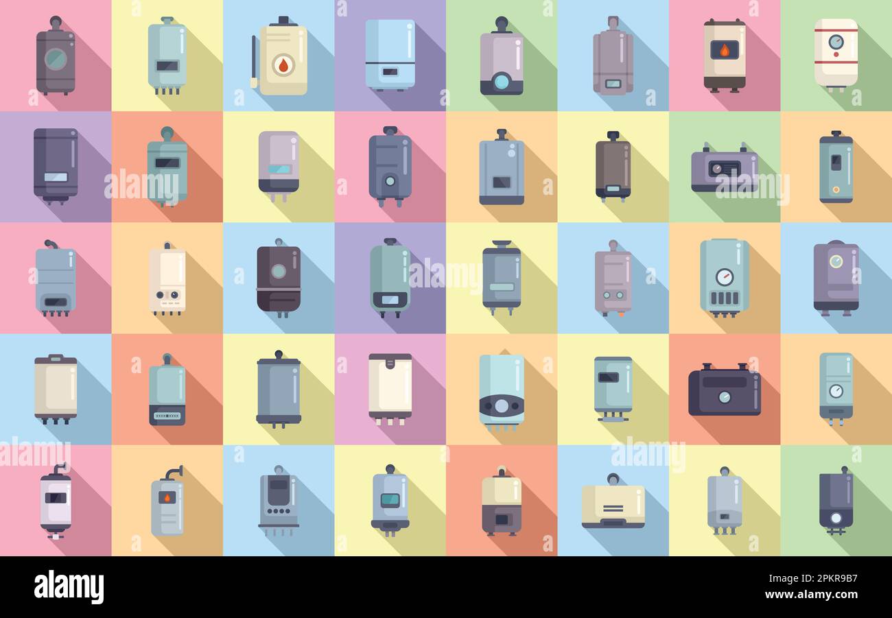 Les icônes de chaudière à gaz définissent un vecteur plat. système cvc de la salle. Vapeur chaude Illustration de Vecteur