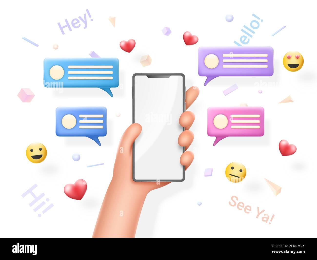 Conversation d'amis, messages émoji du téléphone. Smartphone portable avec écran blanc vierge, bulles vocales et 3D émotiji, lecteur mobile. Modèle de bannière publicitaire. Illustration de chat vectoriel Illustration de Vecteur