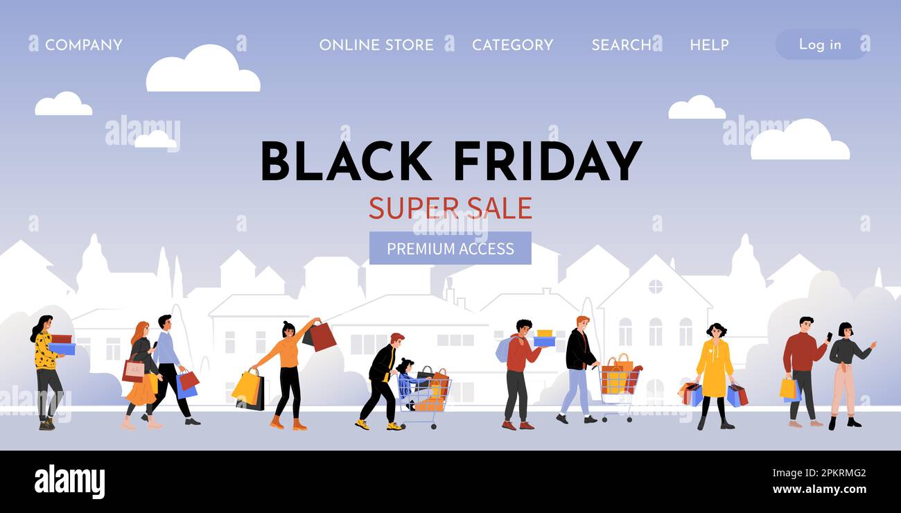 Page d'accueil des achats en ligne. Vendredi noir. Soldes de saison. Les clients marchent avec des sacs d'atelier. Les gens qui font des achats de vêtements. Cadeaux de réduction. Offre spéciale. Modèle d'interface de site Web de conception vectorielle Illustration de Vecteur