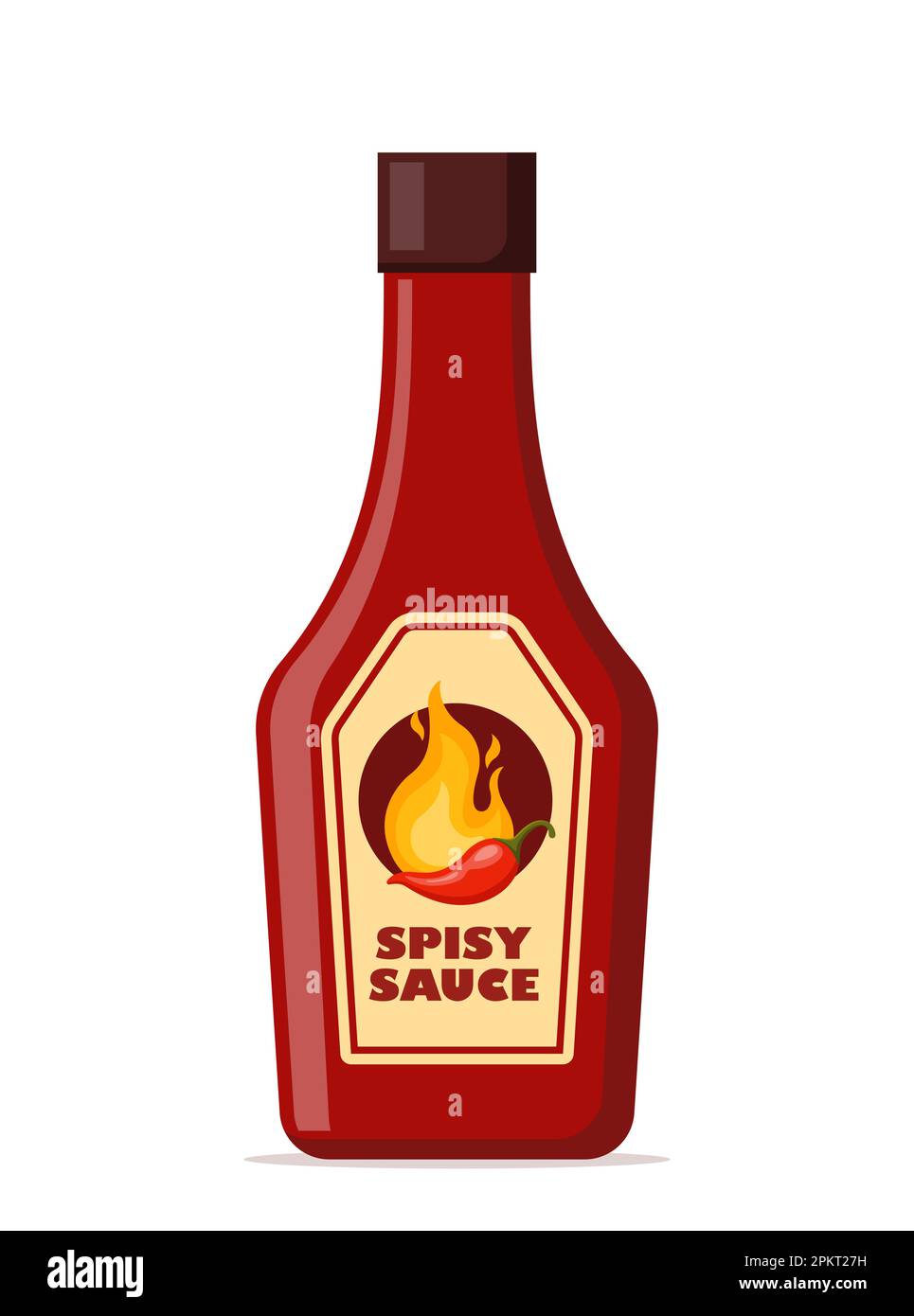 Sauce épicée en bouteille rouge. Ketchup, sauce tomate chaude et Chili en bouteille, piment rouge et feu jaune sur l'étiquette. Illustration vectorielle Illustration de Vecteur