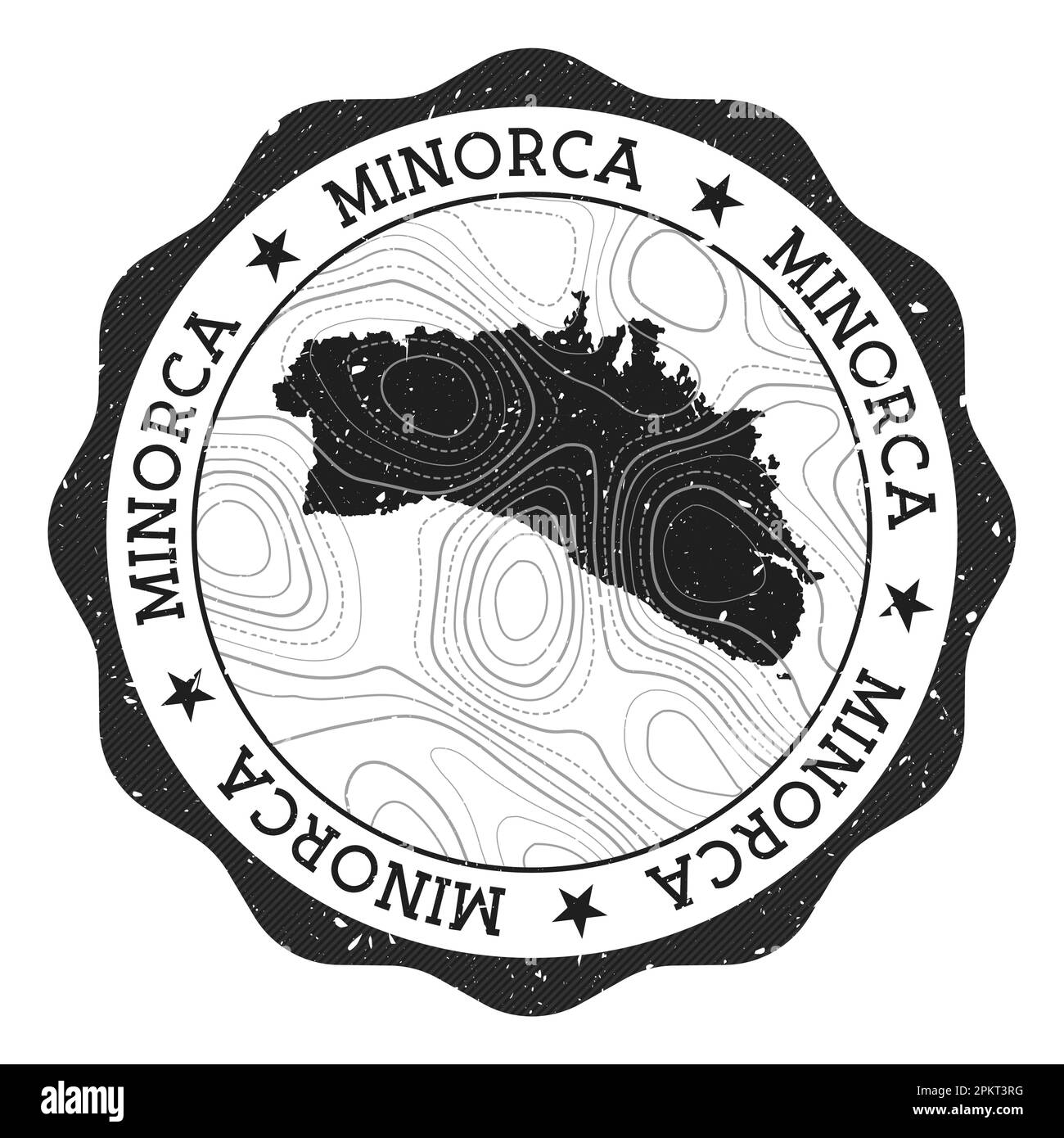 Timbre extérieur Minorque. Autocollant rond avec carte de l'île avec isolignes topographiques. Illustration vectorielle. Peut être utilisé comme insigne, logotype, étiquette, cist Illustration de Vecteur