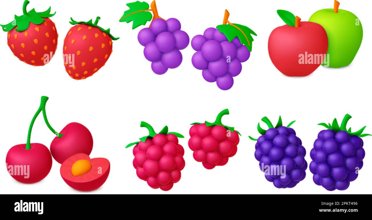 Baies fruits isolés 3D icônes. Cerise et fraise, framboise et raisin. Baie réaliste, décoration graphique juteuse nourriture. Vecteur pithy vegan Illustration de Vecteur