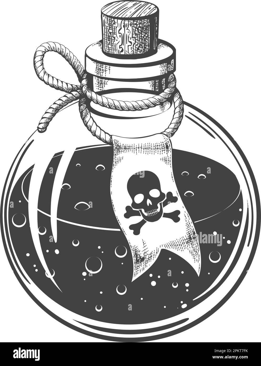 Bouteille de poison monochrome dessinée en style gravure isolée sur fond blanc. Illustration vectorielle. Illustration de Vecteur