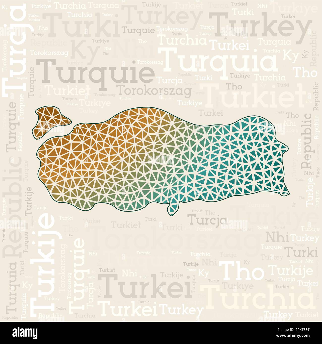CONCEPTION de la CARTE DE LA TURQUIE. Noms de pays dans différentes langues et forme de la carte