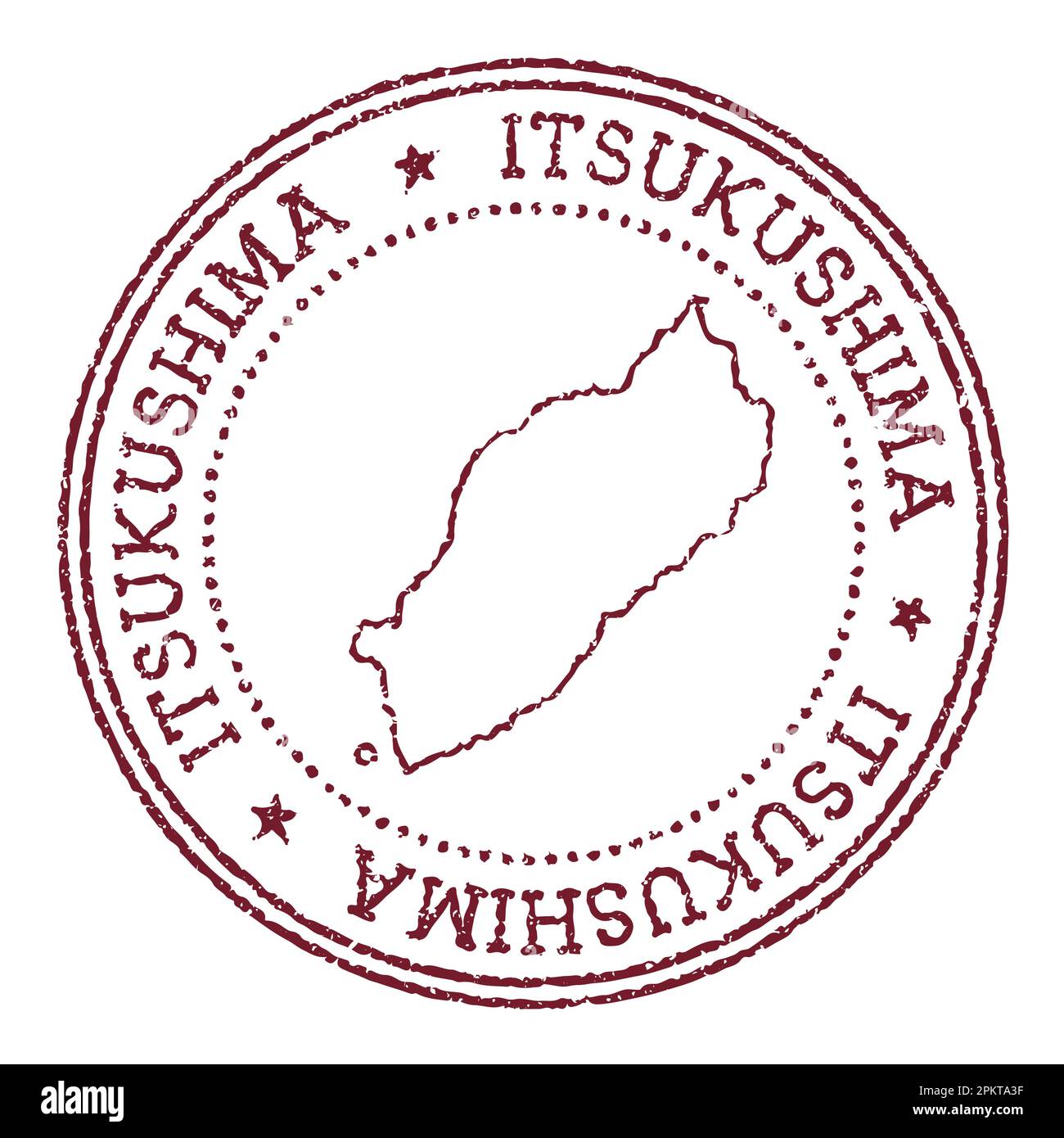 Timbre rond en caoutchouc Itsukushima avec carte de l'île. Timbre passeport rouge vintage avec texte circulaire et étoiles, illustration vectorielle. Illustration de Vecteur