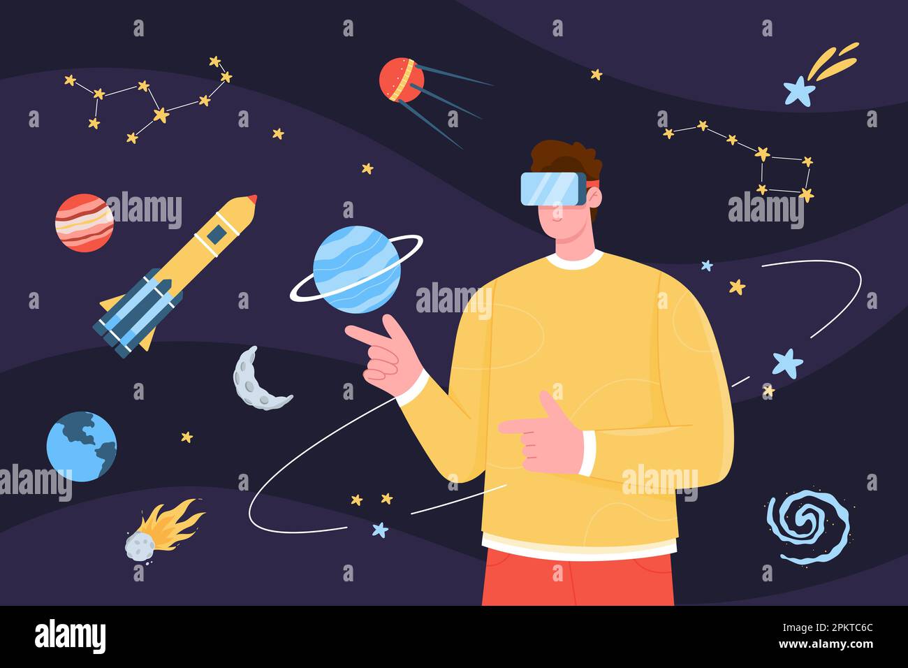 Technologie numérique VR pour étudier l'illustration vectorielle de l'univers. Homme de dessin animé en lunettes de réalité virtuelle étudiant en métaverse, apprenant les planètes du système solaire, constellation de galaxie avec hologramme interactif Illustration de Vecteur Technologie numérique VR pour étudier l'illustration vectorielle de l'univers. Homme de dessin animé en lunettes de réalité virtuelle étudiant en métaverse, apprenant les planètes du système solaire, constellation de galaxie avec hologramme interactif Illustration de Vecteur