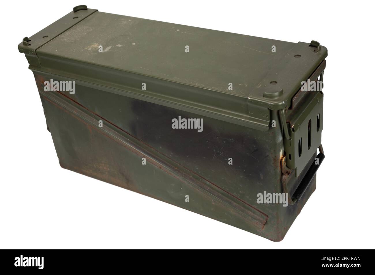 Boîte de munitions pour 40mm cartouches de grenade isolées sur fond blanc Banque D'Images