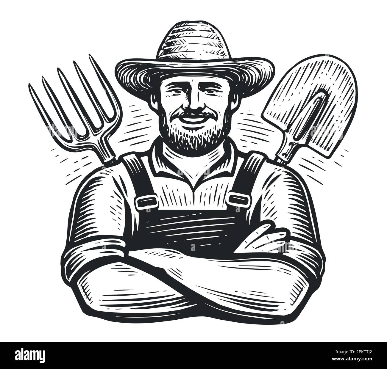 Fermier heureux avec les bras croisés et les outils de jardinage. Schéma de l'employé de l'exploitation agricole. Illustration vectorielle vintage dessinée à la main Illustration de Vecteur