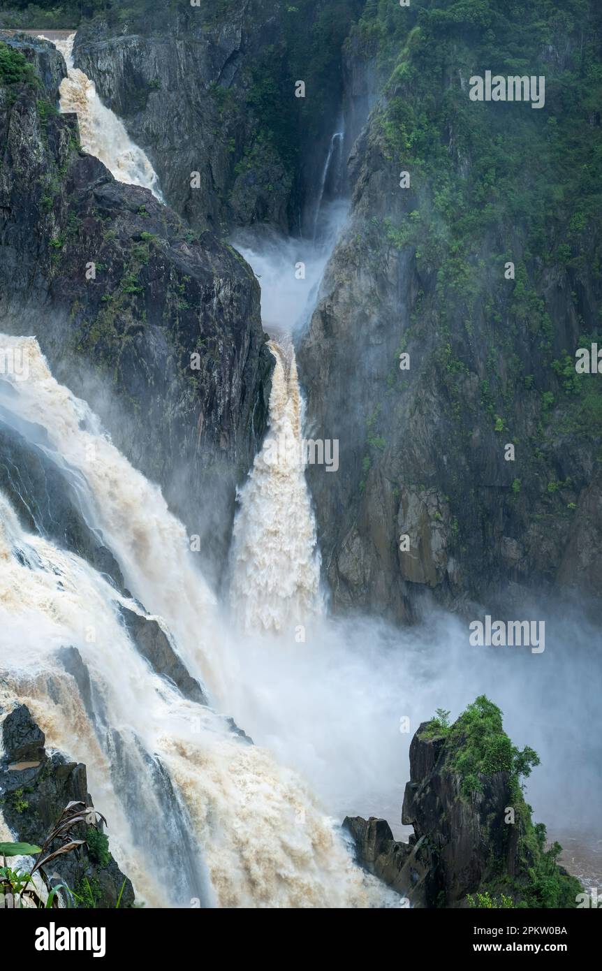 La brume couvrait les chutes de Barron en descendant le gouffre pittoresque sur la gorge de la rivière Barron pendant la saison humide de l'extrême nord du Queensland en Australie. Banque D'Images