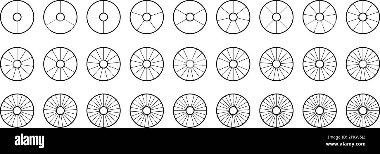 Collection de segments de graphique en anneau. Jeu de schémas de roue. Lot de coupes et de coupes de contour. De 2 à 28 segments de graphiques. Différentes phases et étapes du cycle. Vecteur Illustration de Vecteur