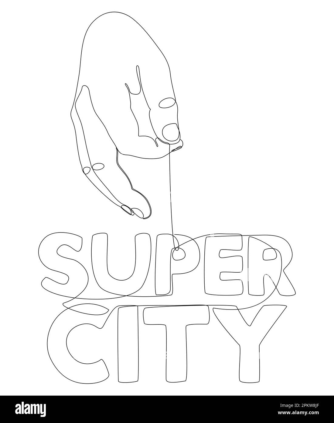 Une ligne de main continue avec le mot Super City. Concept de vecteur d'illustration à trait fin. Dessin de contour idées créatives. Illustration de Vecteur
