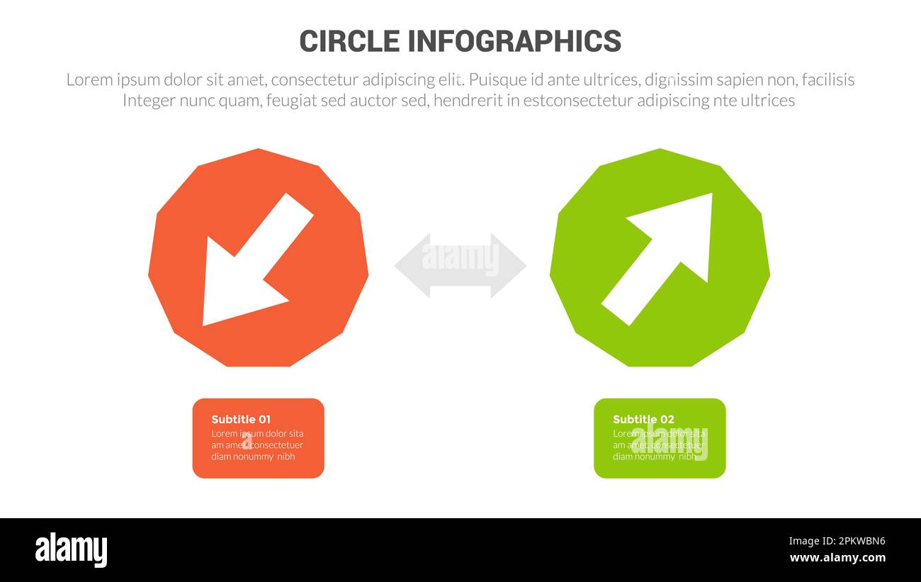 bannière de diagramme de modèle d'infographies de base circulaire avec flèches vers le haut et vers le bas et vecteur de conception créative à 2 points Banque D'Images bannière de diagramme de modèle d'infographies de base circulaire avec flèches vers le haut et vers le bas et vecteur de conception créative à 2 points Banque D'Images
