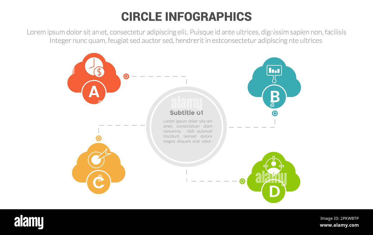 bannière de diagramme de modèle d'infographies de base circulaire avec base centrale circulaire et vecteur de création de pas de 4 points Banque D'Images bannière de diagramme de modèle d'infographies de base circulaire avec base centrale circulaire et vecteur de création de pas de 4 points Banque D'Images