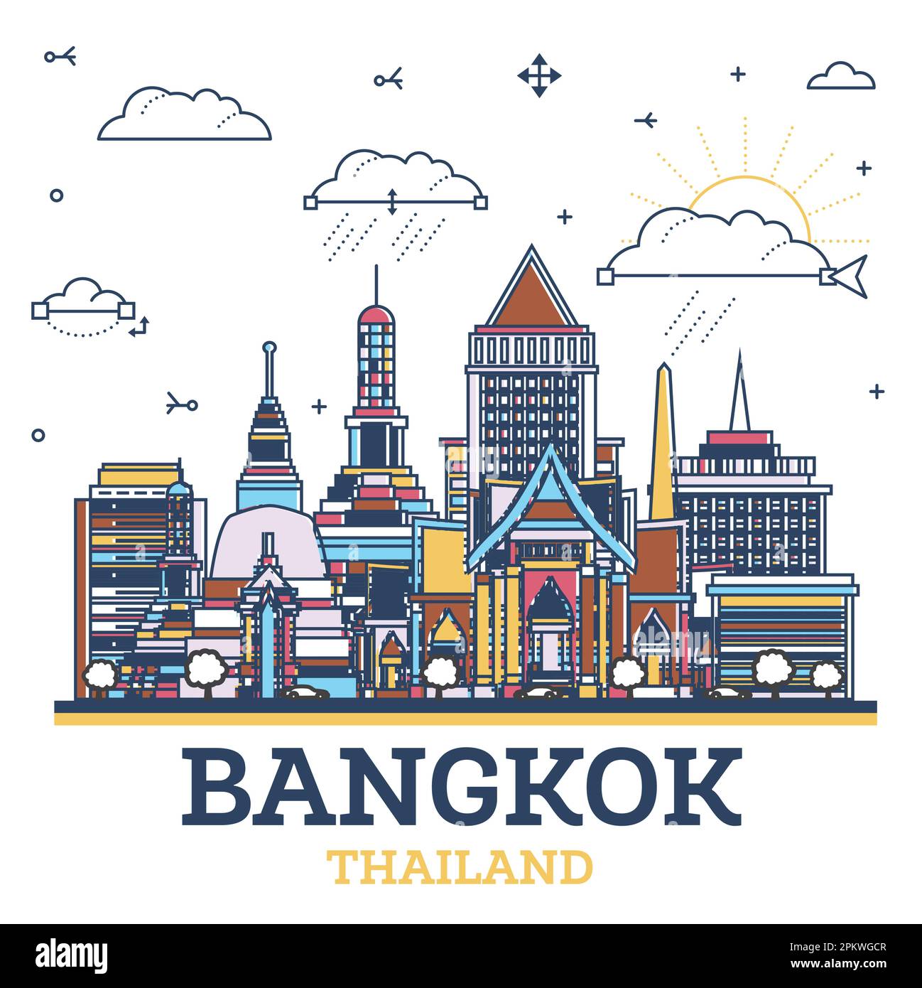 Outline Bangkok Thaïlande Skyline avec des bâtiments historiques colorés isolés sur blanc. Illustration vectorielle. Bangkok CityScape avec des monuments. Illustration de Vecteur