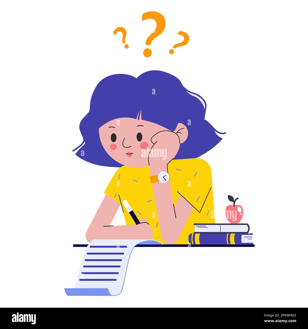Fille à l'examen scolaire. Les enfants étudient et réfléchissent au test ou aux devoirs en classe. La pupille a confondu la façon de faire survay sur blanc. Illustration vectorielle sur l'enfant Illustration de Vecteur