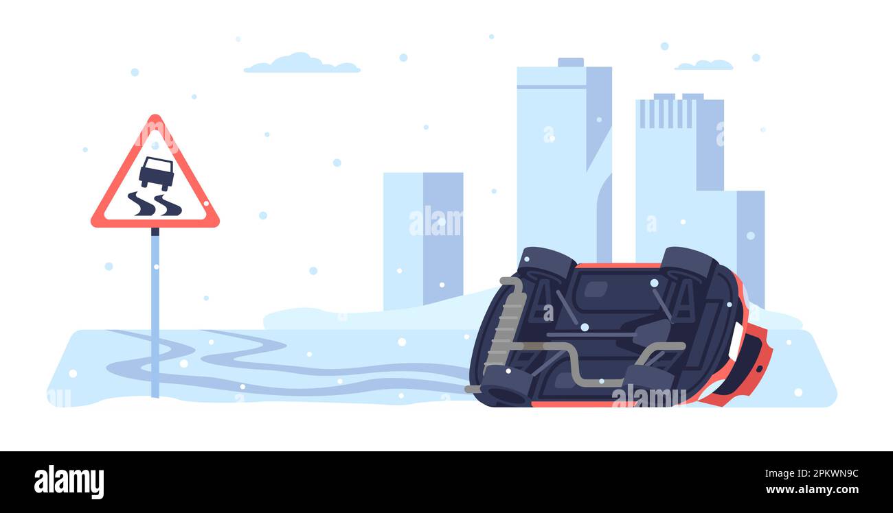 La voiture tourne sur une route glissante. Accident de transport. Autoroute couverte de neige. circuit automobile en croûte de glace. Transport automatique. Véhicule endommagé Illustration de Vecteur