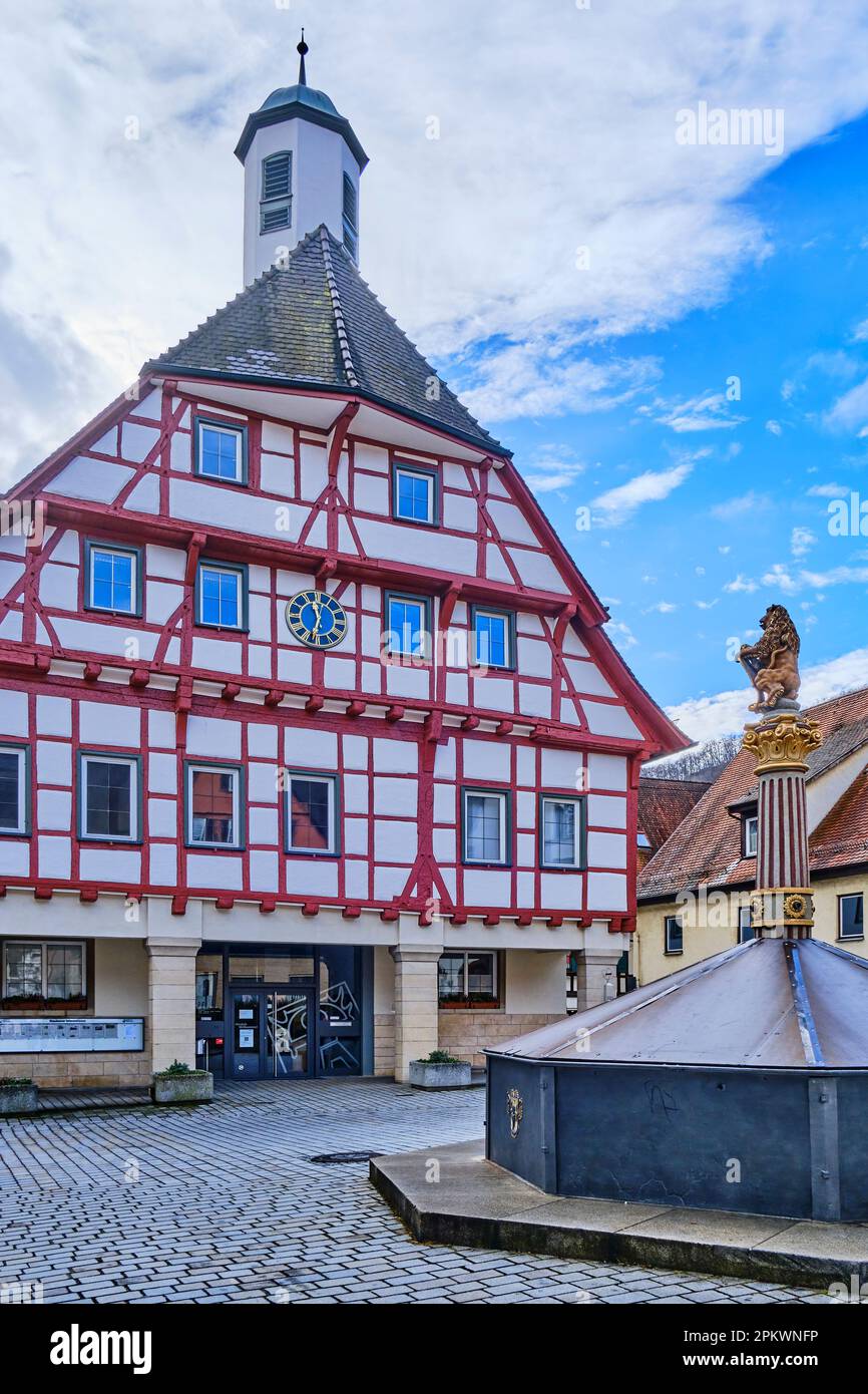 Blaubeuren près d'Ulm, Bade-Wurtemberg, Allemagne, Europe, hôtel de ville historique et fontaine de marché dans la vieille ville. Banque D'Images