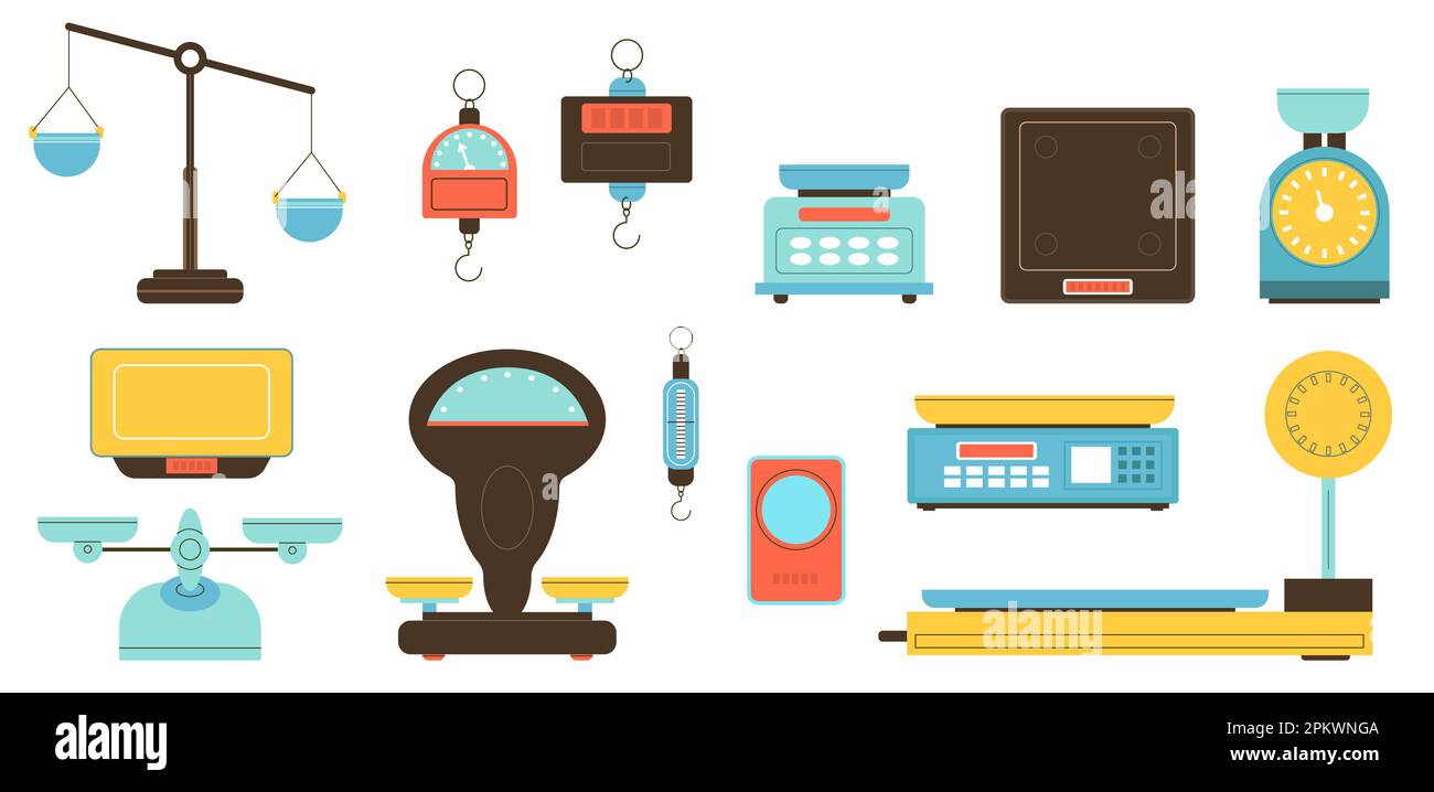 Différents types d'échelles. Instruments de mesure du poids. Équipement numérique et mécanique. Kilogrammes de mesure. Solde de la pharmacie ou des bijoux Illustration de Vecteur