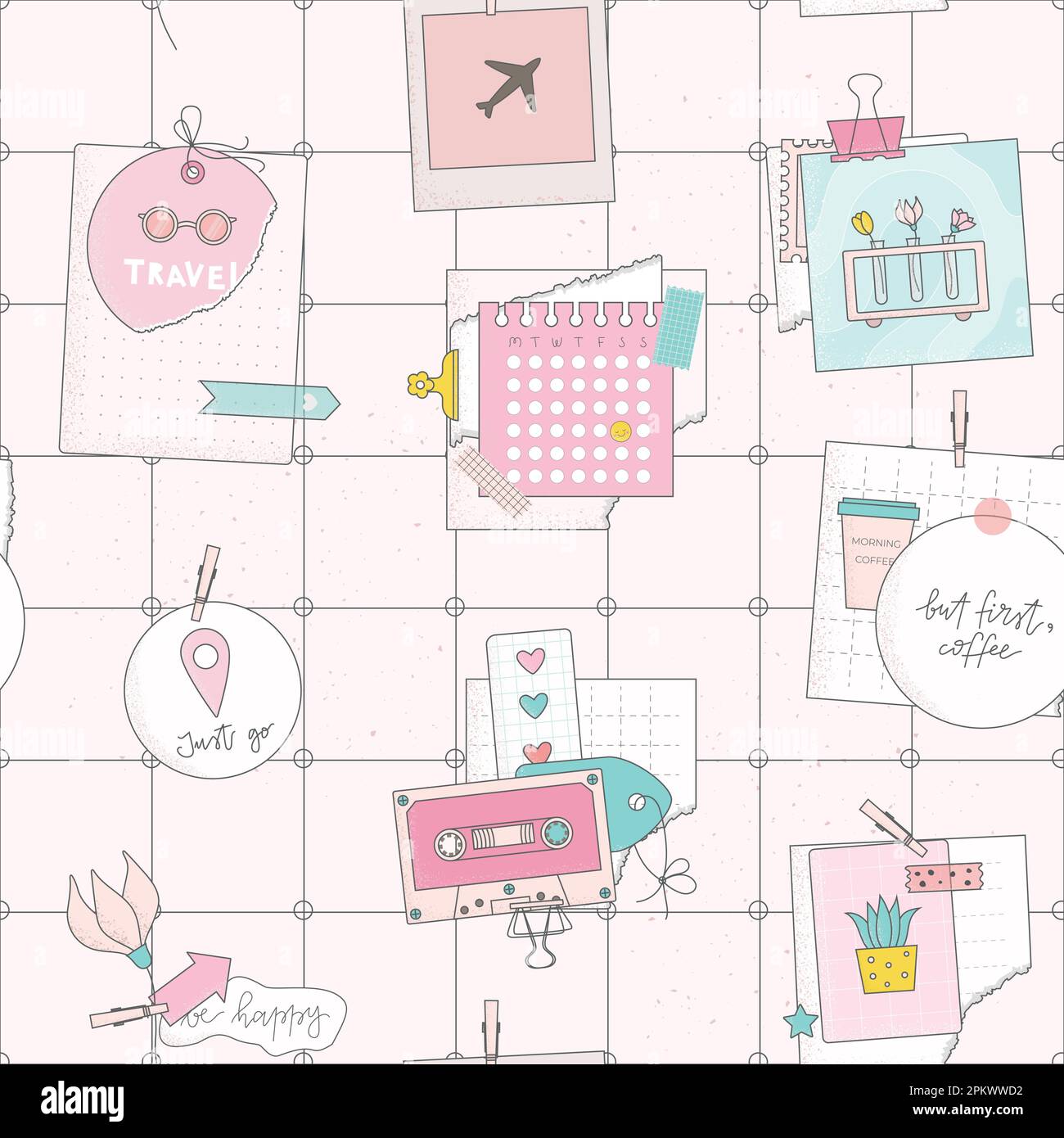 Joli motif vectoriel sans couture avec tableau de répartition mural, notes, papiers, photo, fleur pour emballage, emballage, textile. Illustration de Vecteur