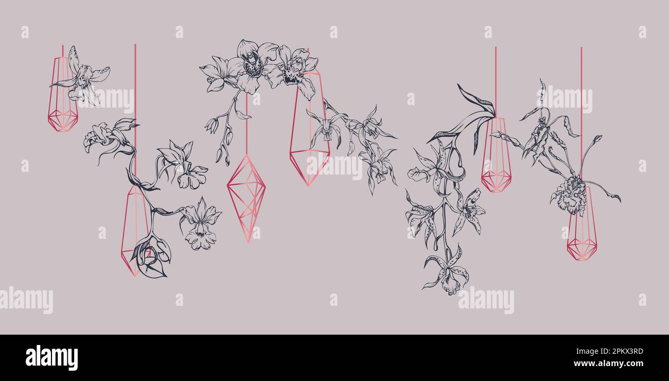 Fleurs et branches d'orchidées à encre vectorielle dessinées à la main, monochrome, contour détaillé. Composition en cristal. Couleur magenta Viva. Design pour mur Illustration de Vecteur