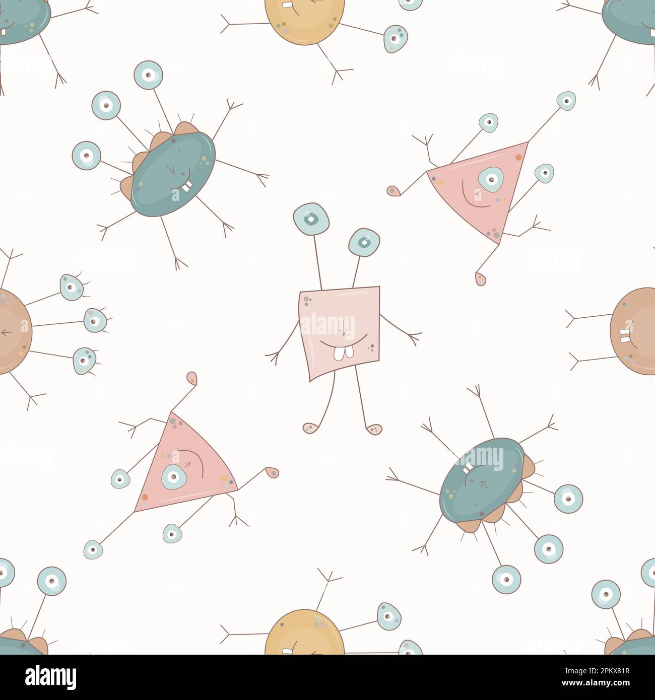 Motif sans couture Happy Holidays. Monstre coloré silhouette tête visage icône ensemble a. mignon dessin animé kawaii effrayant drôle de personnage de bébé répéter le papier. Banque D'Images