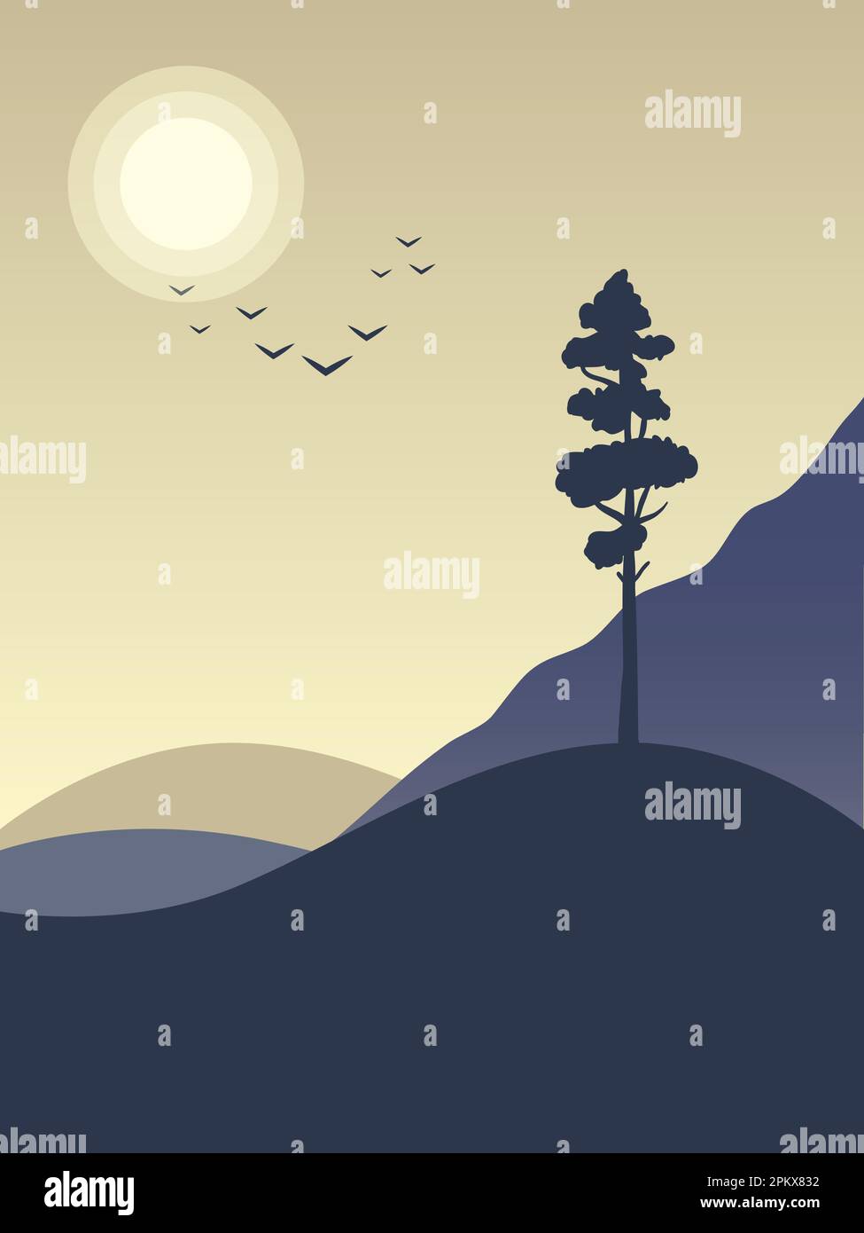 Paysage mystique d'un pin solitaire sur le fond du soleil et d'un troupeau d'oiseaux. Vue sur les collines et les montagnes. Illustration de Vecteur