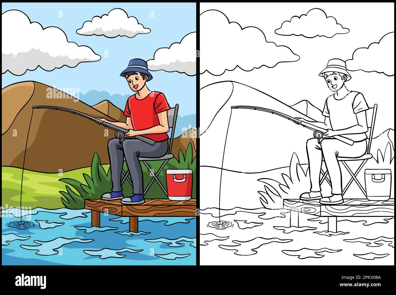 Page de coloriage pêcheur Illustration colorée Illustration de Vecteur