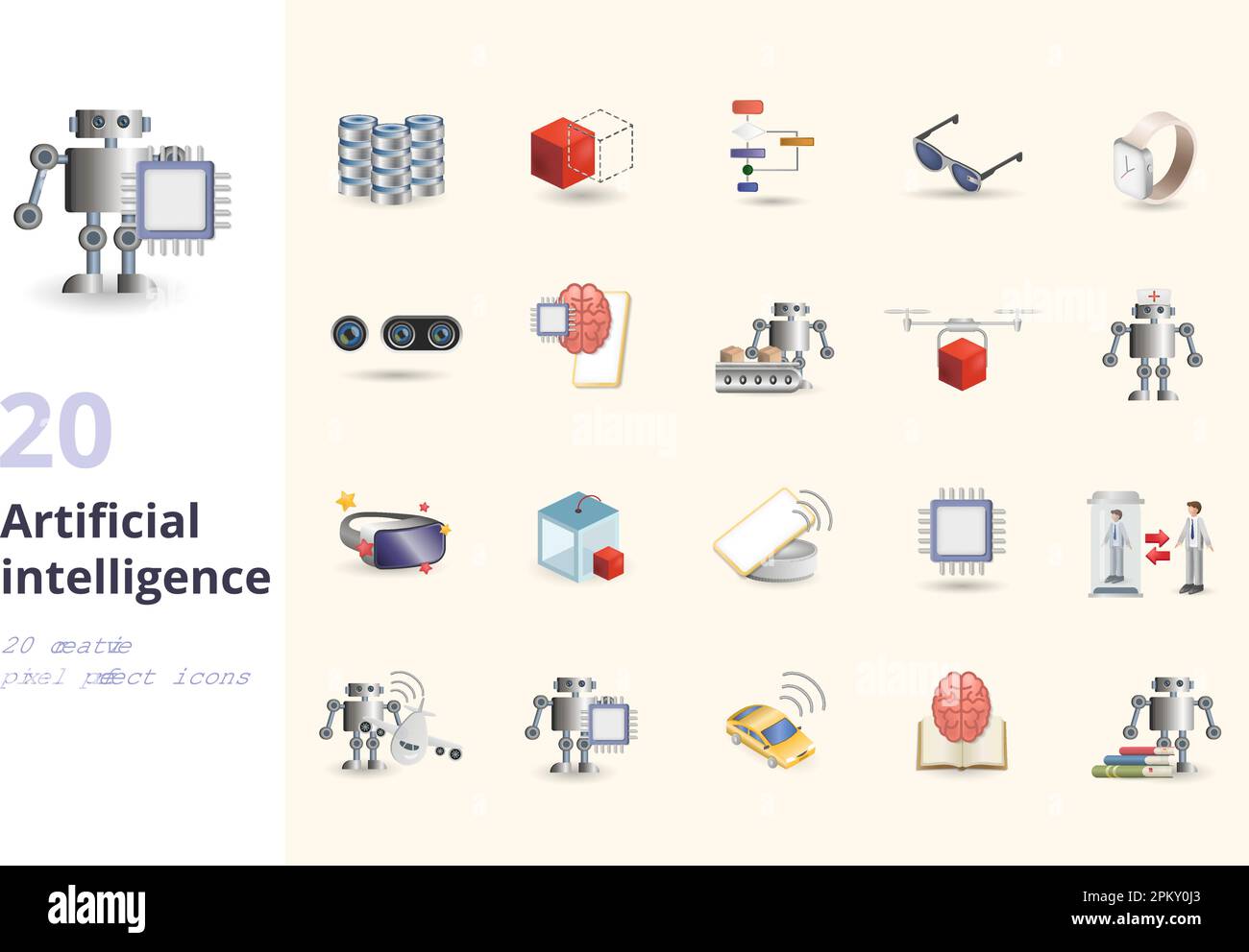 Kit d'intelligence artificielle. Icônes créatives : big data, schéma ...
