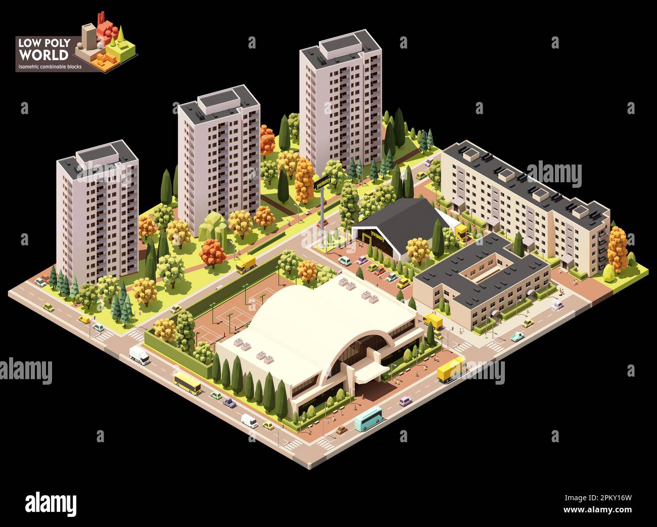 Ensemble de création de cartes vectorielles isométriques. Éléments de carte combinables. Carte de la ville ou de la zone résidentielle. Bâtiments et rues à plusieurs étages Illustration de Vecteur