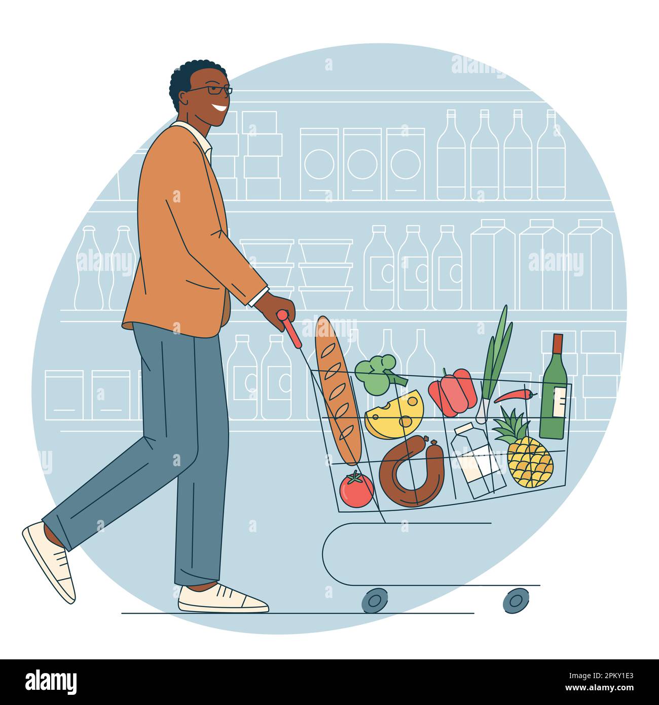 Le jeune homme est avec un chariot plein de provisions Illustration de Vecteur