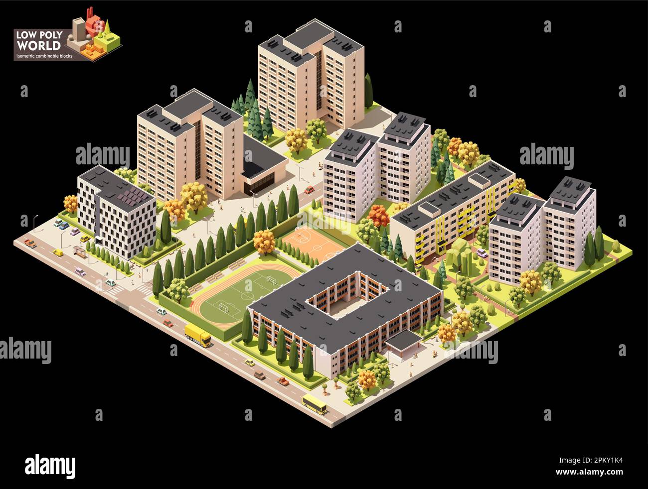 Ensemble de création de cartes vectorielles isométriques. Éléments de carte combinables. Carte de la ville ou de la zone résidentielle. Bâtiments et rues à plusieurs étages Illustration de Vecteur