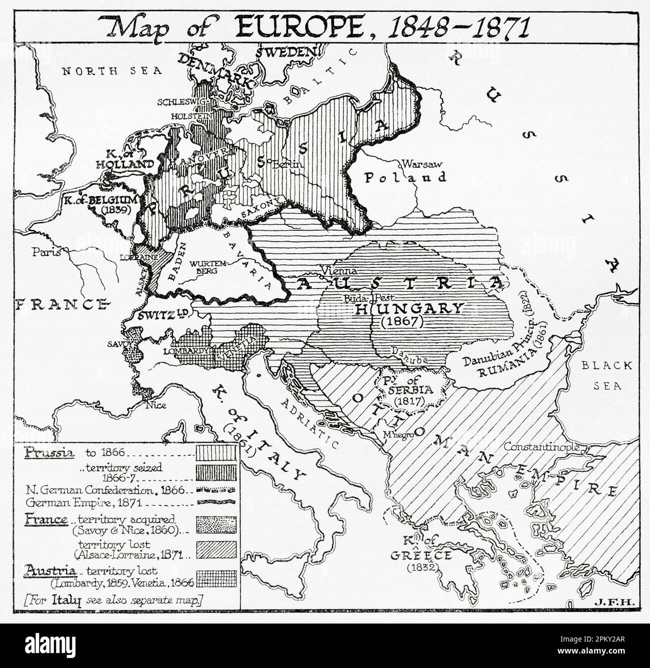 Carte d'Europe, 1848 - 1871. Extrait du livre Outline of History de H.G. Puits, publié en 1920. Banque D'Images